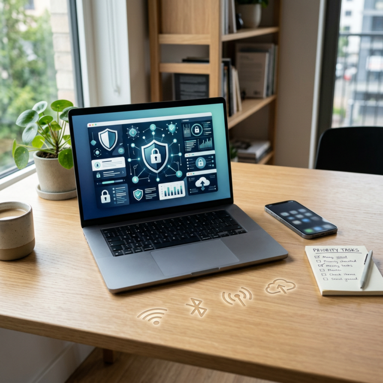 Laptop displaying cybersecurity dashboard with shields, locks, and network connections