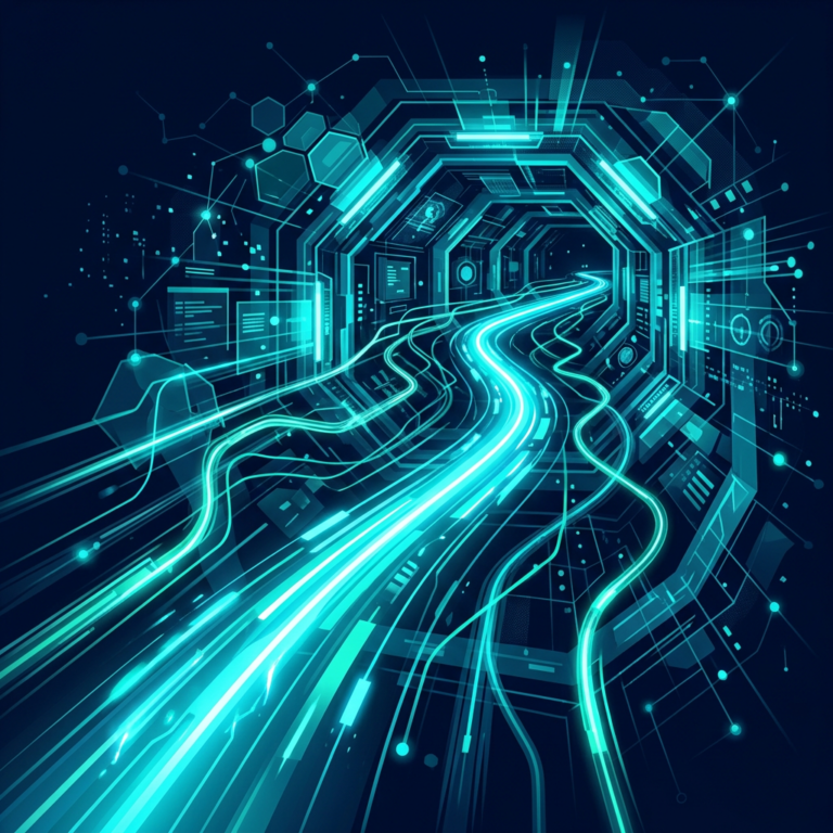 Glowing data streams flowing through a futuristic digital tunnel