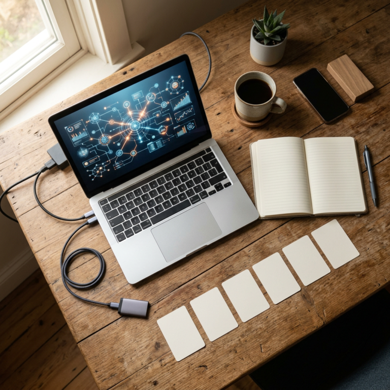 Laptop displaying a digital network diagram on a wooden desk