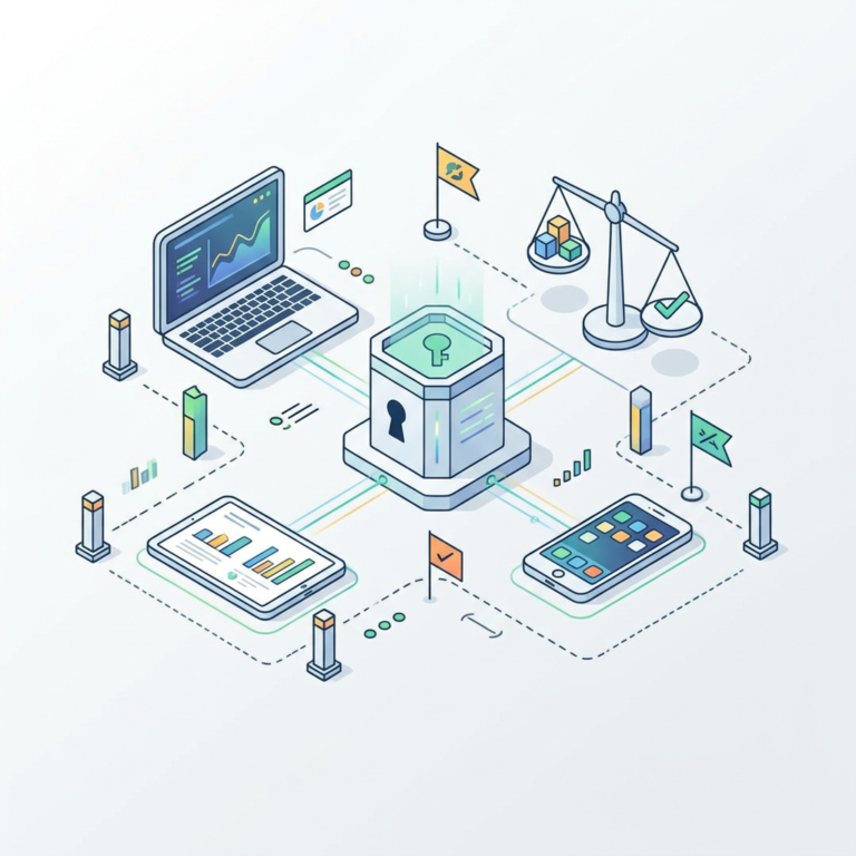 Illustration of a secure digital vault linked to financial technology devices