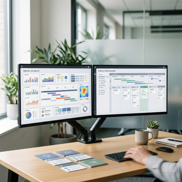 Two software workflows displayed on monitors